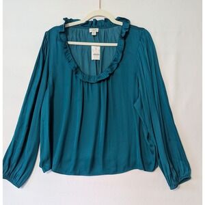J. Crew XXL Ruffle Neck Satin Long Sleeve Blouse Top Green Teal NWT Women's Plus